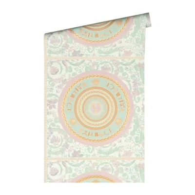 Afbeelding van &quot;MEDUSA HOOFD&quot; SATIJN GLANZEND CIRKEL BEHANG Design munt goud roze wit groen A.S. Création Versace 5