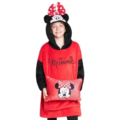 Afbeelding van Disney Kindertrui, 2 in 1, oversized sweatshirt van fleece en Stitch kussen, eenheidsmaat voor kinderen jongeren, Rood Minnie, Eén maat