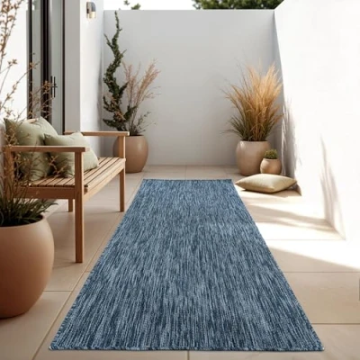 Afbeelding van Paco Home Tapijt Vloerkleed In &amp; Outdoor Balkon Terras Keukenvloerkleed Eenkleurig Gemêleerd Patroon, Maat:80x250 cm, Kleur:Blauw