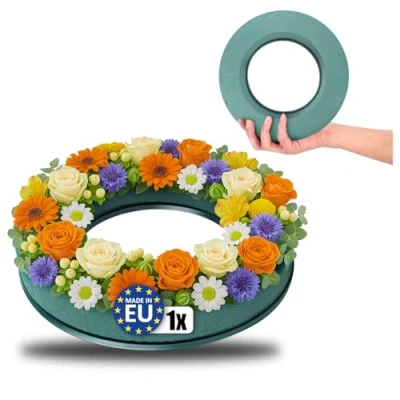 Afbeelding van COM FOUR® 1x potgrond voor bloemstukken in ringvorm steekschuim verse bloemen spons knutselen bruiloft, Pasen en verjaardag (01 delige ring)