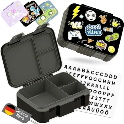 Afbeelding van BEARFOOT Bento Box Compact, BPA vrije kinderbroodtrommel voor school en kleuterschool, lekvrije lunchbox meisjes jongens, praktisch, licht compact (sticker, zwart, 650 ml)