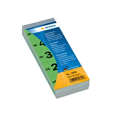 Afbeelding van HERMA 4895 nummerlabels cijfers 1 500, dubbel (56 x 28 mm, papier, mat) zelfklevend, permanent hechtend, doorlopend nummerblok, 500 etiketten, groen