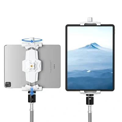 Afbeelding van iPad en telefoon statief mount adapter met bal hoofd, houder voor statief, 360 draaibare tablet klem past op Pro 12.9, Air Mini 3 4, Galaxy Tab, Surface 8, selfie Stick (5.3 10.6&quot;)
