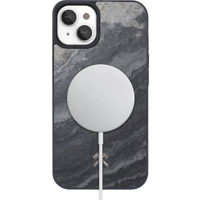 Afbeelding van Woodcessories Magnetic Stone Case geschikt voor iPhone 14 Plus ingelegd met echt steen MagSafe en draadloos laden Camo grey