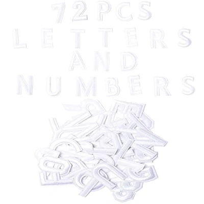 Afbeelding van Harsgs 72 stuks opstrijkbare letters nummerpatches, geborduurde patches A Z nummers 0 9 applicatie voor kleding, jurk, hoed, jeans, doe het zelf accessoires, wit