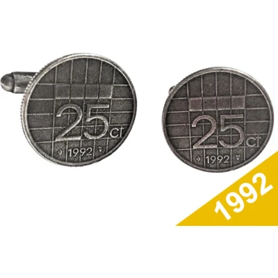 Afbeelding van Manchetknopen Kwartje 1992 Verzilverd Uniek en Stijlvol Sieraad met Jaartal Cadeau Geboortejaar Alle Jaartallen Beschikbaar Doorsnede 1,8 cm