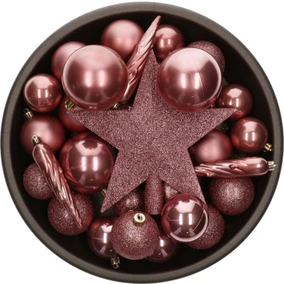 Afbeelding van 33x stuks kunststof kerstballen met piek 5 6 8 cm oudroze incl. haakjes Kerstbal