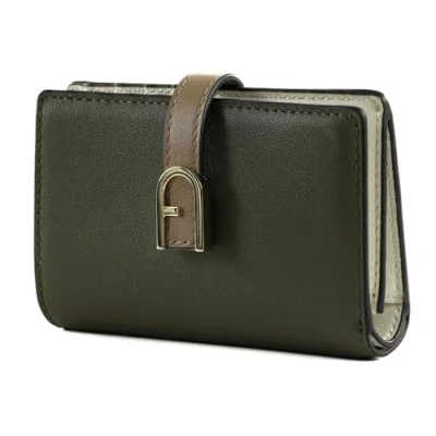 Afbeelding van FURLA Leren Portemonnee Flow Compact Wallet Sage + Greige Marshmallow int. Kaki