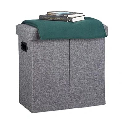 Afbeelding van Relaxdays poef met opbergruimte, opvouwbaar, smal, van linnen, polyester, MDF, HBD: 49,5 x 46 25,5 cm, donkergrijs