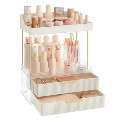 Afbeelding van SONGMICS Make up Organizer 4 lagen Cosmetische Verdelers Box voor Kaptafel Antislip Badkamer Slaapkamer Keuken 20 x 32 39,1 cm Wolkenwit JKA021W01