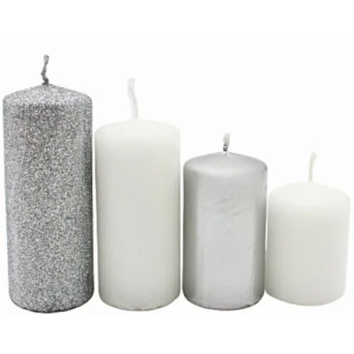 Afbeelding van Stompkaarsen in lagen, adventskaarsen, adventskranskaarsen, zilver en wit, 4 maten H 5 10 cm, diameter elk 280 gr