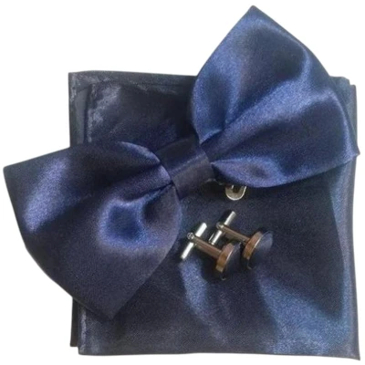 Afbeelding van Vlinderstrik inclusief pochette en manchetknopen Donkerblauw luxe vlinderdas strik strikje pochet heren
