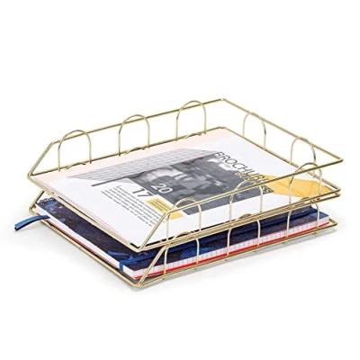 Afbeelding van EXERZ Papiersorteerders 2 STUKS/Stapelbare Dienbladen/Bureau Organizer/Bestandshouder Multifunctioneel Voor Kantoor, School, Studeerkamer (Goud)