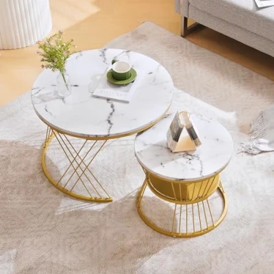 Afbeelding van Merax Salontafel, set van 2, ronde woonkamertafel met marmerfineer, hoogglans, salontafel opbergruimte, voor woonkamer, balkon, metalen frame, goud en wit
