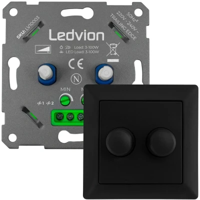 Afbeelding van Ledvion Led Dimmer Voor Twee 3 keer 100 Watt, Inbouw Incl. Afdekplaat, Schakelaar, Afdekraam,Dimmer+ Duo Dimmer, Zwart