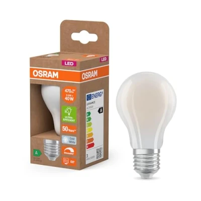 Afbeelding van OSRAM Energy Class LED Lampe in klassischer Kolbenform, 2.2 W / 470 lm, EEK A, kaltweißes Licht (4000 K), CRI 80, aus klarfarbenem bleifreiem Glas, E27 Sockel, IP20, 60 mm Durchmesser, dimmbar.