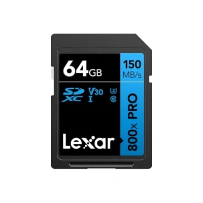 Afbeelding van Lexar High Performance 800x PRO SD Kaart 64GB, SDXC UHS I Kaart, 3.0 tot 150MB/s Lezen, V30, U3, C10 Geheugenkaart voor camera/Middenklasse DSLR/HD camcorder (LSD0800P064G BNNAA)