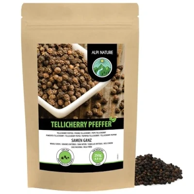 Afbeelding van Tellicherry Peper (250 g), tellicherrypeper, peperkorrels zwart van gecontroleerde teelt, laboratorium getest, 100% zuiver en natuurlijk