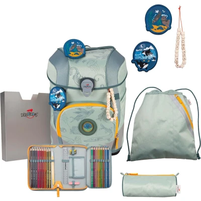 Afbeelding van DerDieDas Schooltas ErgoFlex Tiny Exklusiv Eco Schulranzenset 5 delig Grey Planet Mintgroen