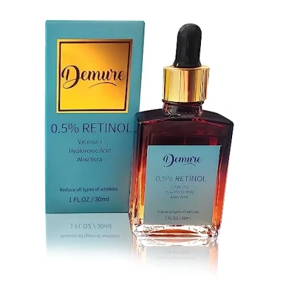 Afbeelding van Demure Retinol 0,5% serum met hyaluronzuur, vitamine E, C en aloë vera, tegen rimpels, anti aging liftserum, voor gezicht decolleté, uitgebalanceerde formule 30 ml