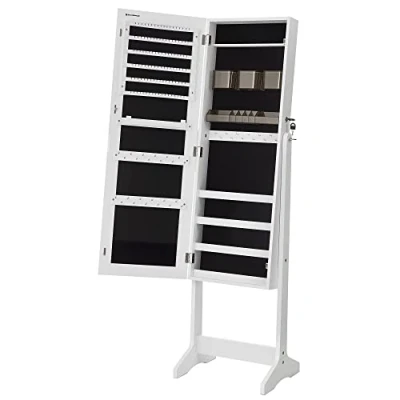 Afbeelding van SONGMICS Sieradenkast JJC002W01, staande spiegelkast, met 2 aparte make up organizers, frameloze full body spiegel, afsluitbaar, voor kettingen, oorbellen, up, wit