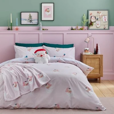 Afbeelding van Catherine Lansfield Vintage Kerst Kerstman Omkeerbare King Dekbedovertrek Set met Kussenslopen Roze