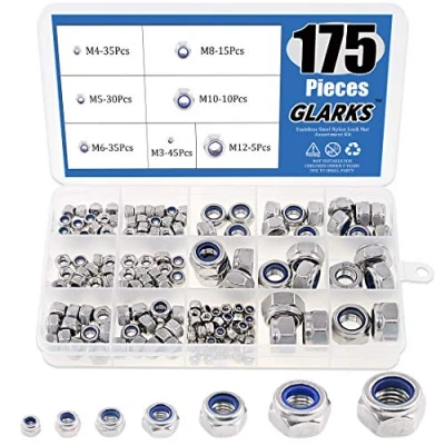 Afbeelding van Glarks 175 stuks metrische 304 roestvrijstalen nylon borgmoer assortimentskit M3 M4 M5 M6 M8 M10 M12