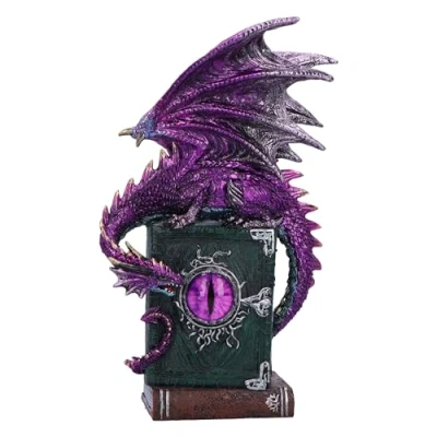Afbeelding van Nemesis Now Dragon Fable 24cm, hars, paars, draak op spookboeken beeldje, glinsterende paarse ornament, verzamelbare geschenkware, gegoten in de fijnste vakkundig handgeschilderd
