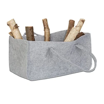 Afbeelding van Relaxdays houtmand van vilt haardhout tas draagtas vilttas flexibel opbergmand grijs