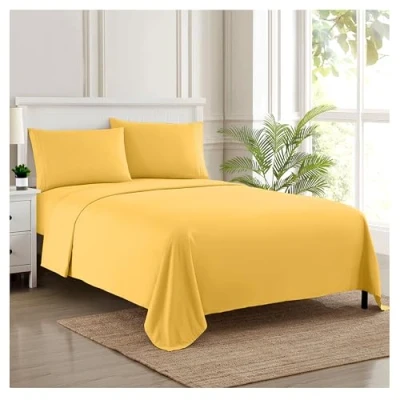 Afbeelding van Sweet Home Collection Luxe beddengoedset met plat hoeslaken, 2 kussenslopen, microvezel, geel, tweepersoons