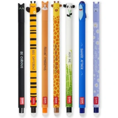 Afbeelding van LEGAMI Set van 7 uitwisbare gelpennen met thermogevoelige wisinkt, reeks inktkleuren en vatontwerpen, 0,7 mm tip, kat, bij, corgi, giraffe, panda, haai, nijlpaarden ontwerpen