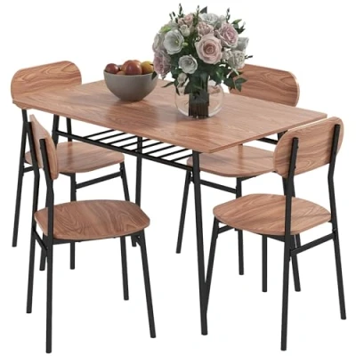Afbeelding van HOMCOM 5 delige Eetkamerset Eettafel met 4 Stoelen Keukentafel Opbergplank Eetkamermeubels Set voor Keuken en Eetkamer Staal Teak
