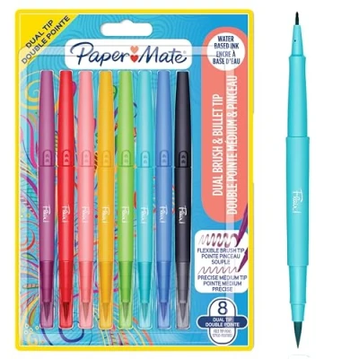 Afbeelding van Paper Mate Flair DUAL Viltstift Penseel en Medium Uiteinde (0,7mm) Gekleurde Pennen met Twee Uiteinden Diverse Kleuren 8 Stuks