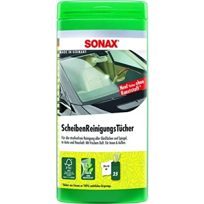 Afbeelding van SONAX Ruitenreinigingsdoekjes doos (25 stuks) voor snelle, eenvoudige en streepvrije reiniging van alle glas spiegeloppervlakken art.nr. 04120000