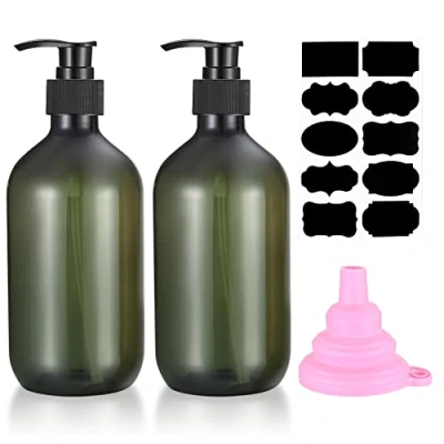 Afbeelding van 2 stuks 500 ml shampooflessen om te vullen, douchegelfles, lege navulbare pompflessen, zeepdispenser kunststof voor lotionshampoos, met trechter, etiketten (groen)