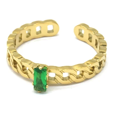 Afbeelding van Ring Schakels Zirkonia RVS One Size Goudkleurig en Groen