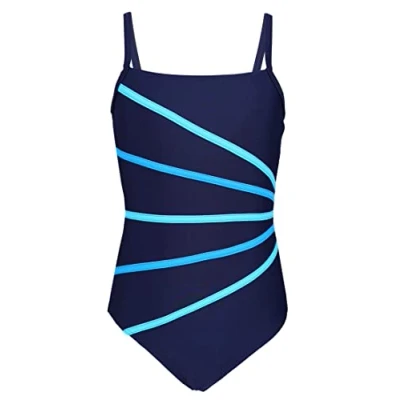 Afbeelding van Aquarti Meisjes Badpak met Spaghettibandjes en Strepen, Donkerblauw/Strepen Turquoise/Hemelsblauw, 146