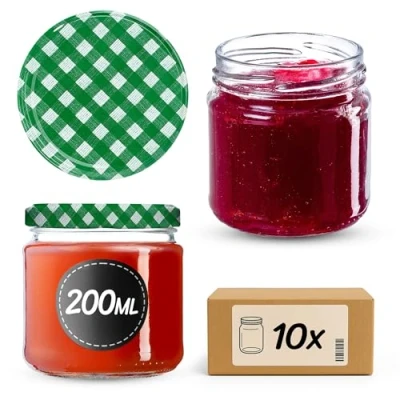 Afbeelding van KADAX kleine inmaakpotten, 200 ml, jampotten, diameter 66 mm, potten voor honing en specerijen, luchtdichte potten, weckpotten, ronde (10 stuks, groen geruit)