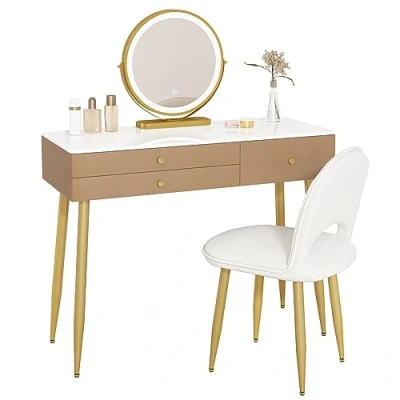 Afbeelding van WOLTU kaptafel met verlichting, verstelbaar LED spiegellicht, 3 laden, groot tafelblad 100x40 cm, make uptafel fluwelen kruk, kaki + goud, MB6105kk