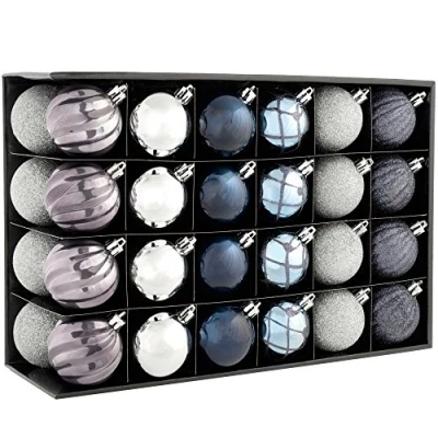Afbeelding van WeRChristmas Onbreekbare luxe kerstballen, 48 delig, blauw/houtskool/duif grijs/zilver, kunststof