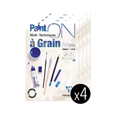 Afbeelding van Clairefontaine 975049C Tekenblok, gelijmd, meerdere technieken, 20 vellen tekenpapier met uitgesproken korrel, A4, 21 x 29,7 cm, 250 g, 4 blokken