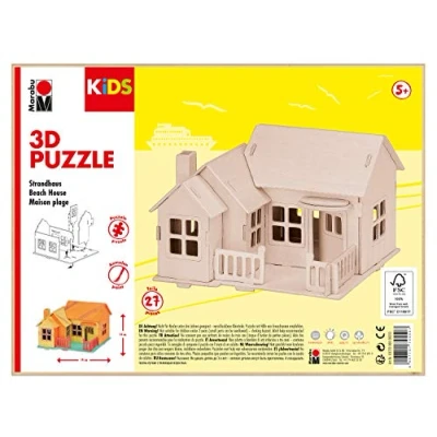 Afbeelding van Marabu 317000000013 KiDS 3D houten puzzel strandhuis, met 27 puzzelstukjes van FSC gecertificeerd hout, ca. 19 x 14 cm groot, eenvoudige steektechniek, voor individueel beschilderen en vormgeven