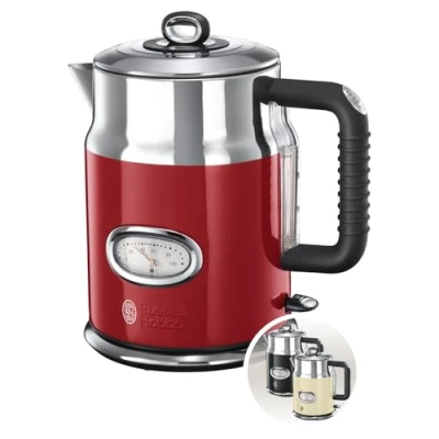 Afbeelding van Russell Hobbs Waterkoker, retro rood, 1,7 l, 2400 W, snelkookfunctie, watertemperatuurweergave in retrodesign, vulniveaumarkering, geoptimaliseerde schenktuit, vintage 21670 70