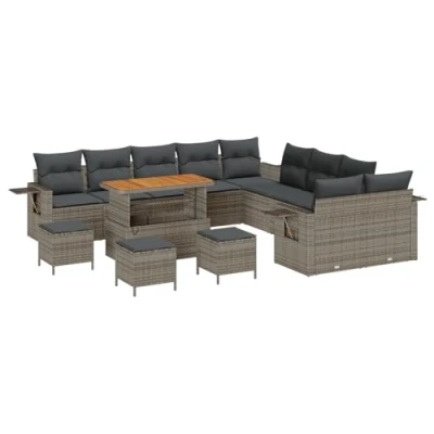 Afbeelding van vidaXL 14 delige tuinset met kussens in grijs poly rattan en acacia