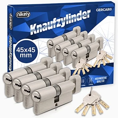 Afbeelding van GERCAR Pro set van 4 knopcilinders gelijksluitend 90 mm slotcilinder met knop 45/45 cilinder messing mat massief incl. 10 sleutels omkeerbare sleutel lengte: mm, A:45 B:45 4x