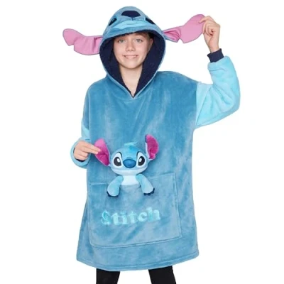 Afbeelding van Disney Stitch Fleece Hoodie Deken met Pluche voor kinderen, Tieners, Eeyore, Angel, Minnie Mouse, Oversized Blauwe Stitch, One Size