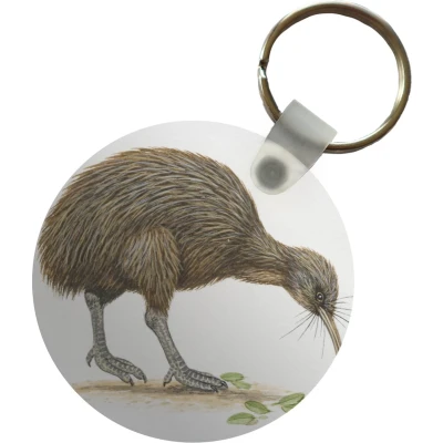 Afbeelding van Sleutelhanger Illustratie van een kiwi vogel die bladeren eet Plastic Rond Uitdeelcadeautjes