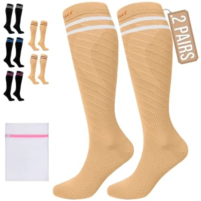 Afbeelding van 360 Relief Compressie Sokken klasse 1 voor Mannen en Vrouwen 15 20 mmHg Steunkousen langeafstandsvluchten, reizen, sporten, hardlopen, wandelen 2 Paar Compression Socks S/M Beige met wasnet
