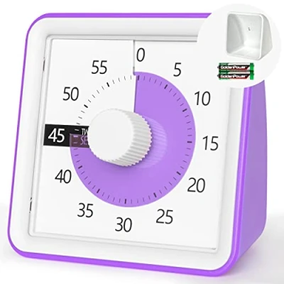 Afbeelding van TWENTY5 SEVEN Visuele timer met beschermhoes, 60 minuten aftellen voor kinderen autisme ADHD klaslokaal thuiskantoor, klok onderwijs werkvergadering, pomodoro tijdmanagementonderwijs, paars