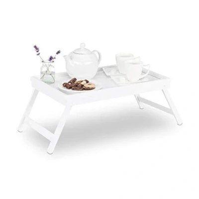 Afbeelding van Relaxdays bedtafel bamboe, klapbare pootjes, opstaande rand, om te serveren, HBD: 22 x 64 31 cm, dienbladtafel, wit